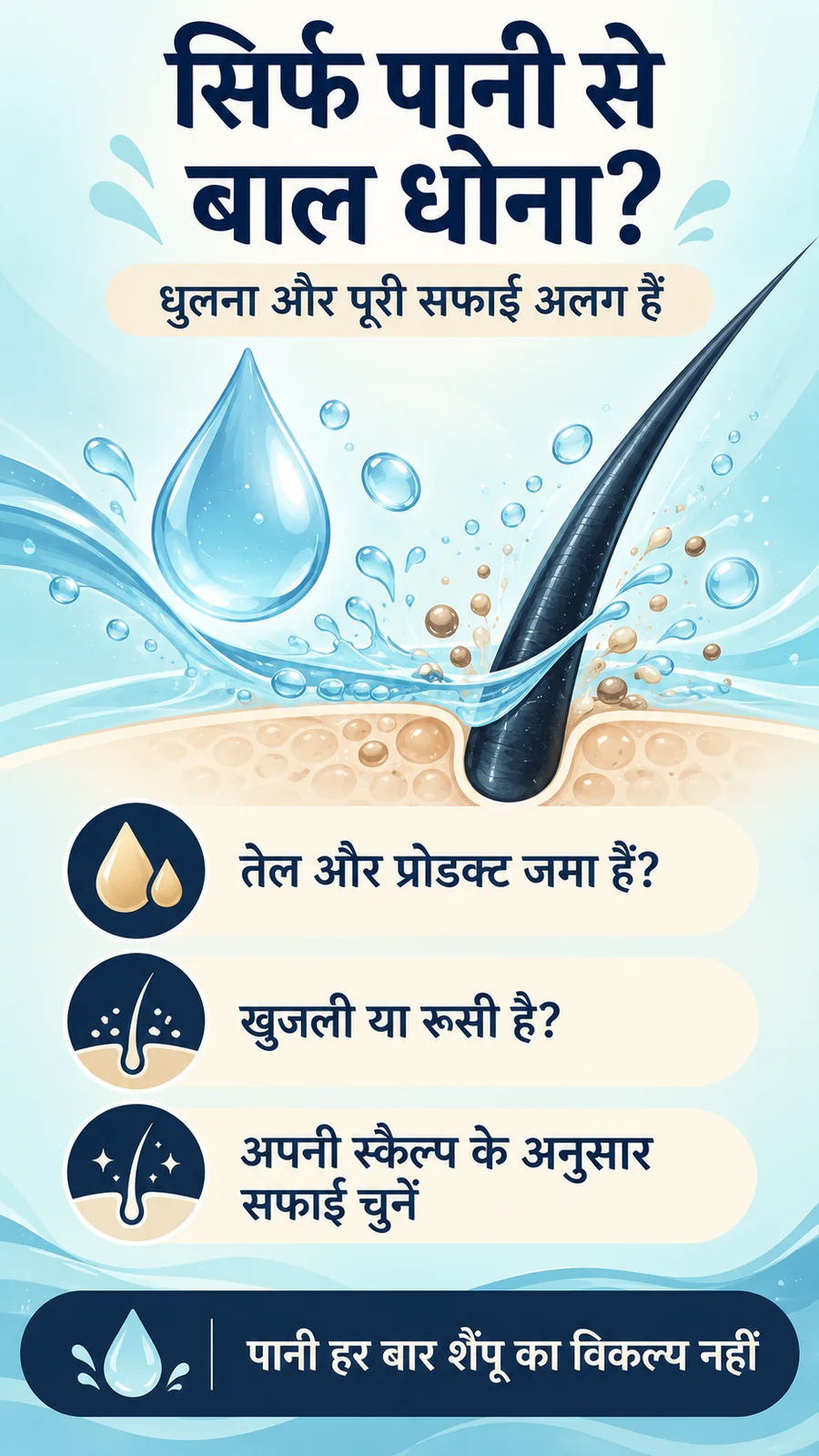 सिर्फ पानी से बाल धोने और पूरी स्कैल्प सफाई का फर्क बताता हिंदी पोस्टर