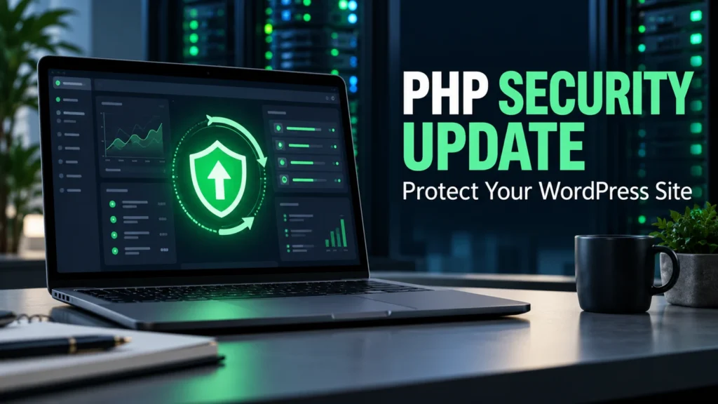 Conceptual AI illustration: PHP security updates for WordPress hosting.